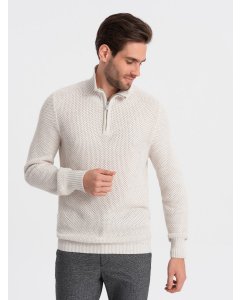 Men's knitted sweater with spread collar - cream V1 OM-SWZS-0105